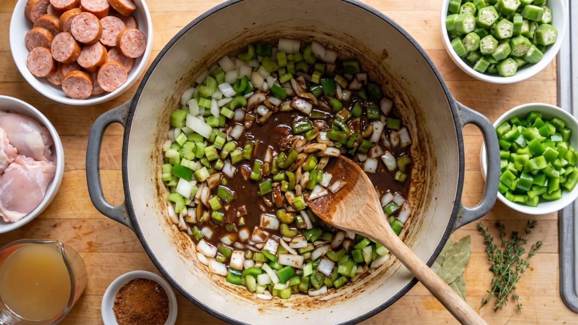 Onion, celery, and green bell pepper stirred into a dark gumbo roux