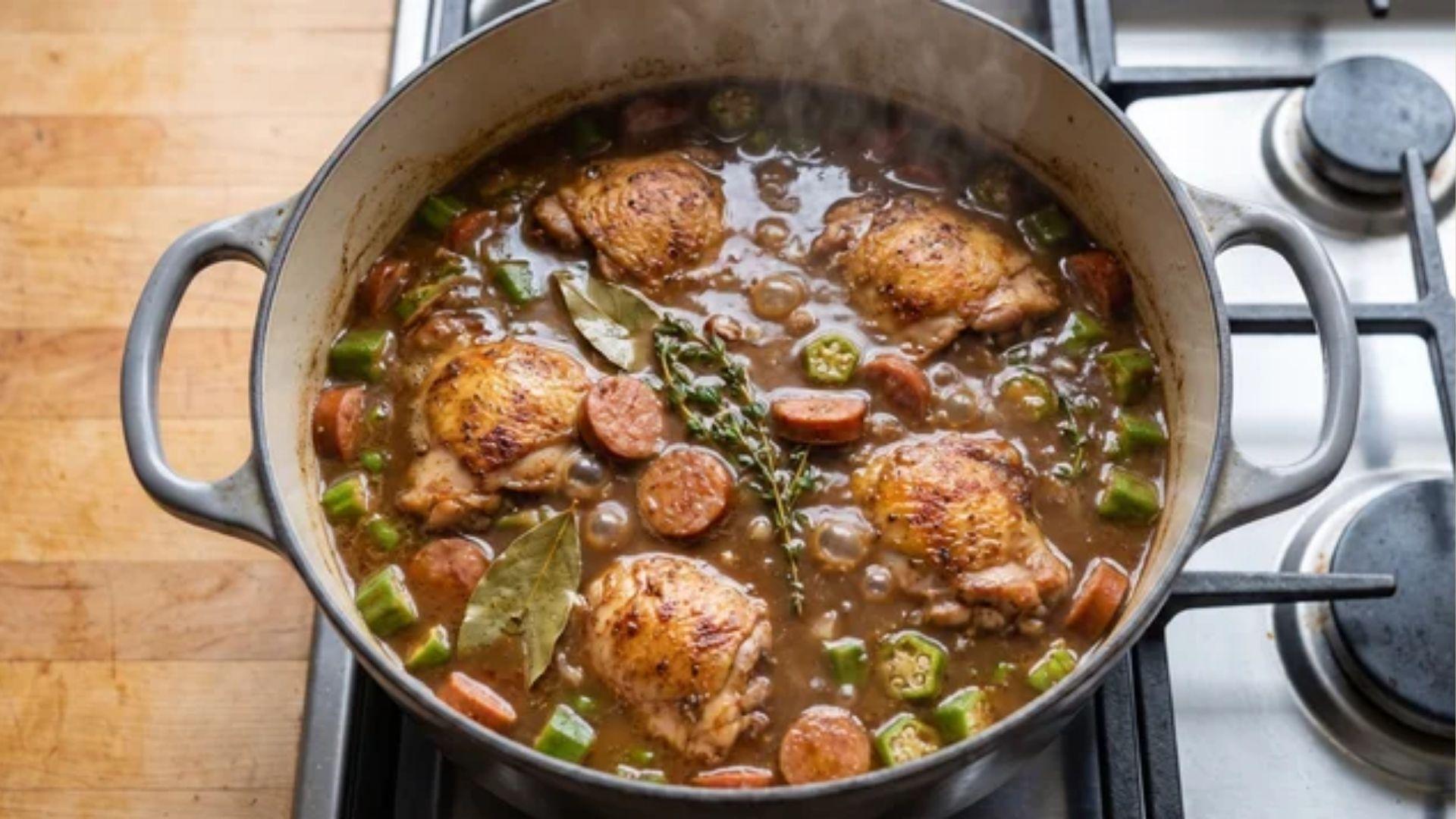 Chicken thighs, andouille sausage, bay leaves, and okra simmering in healthy gumbo