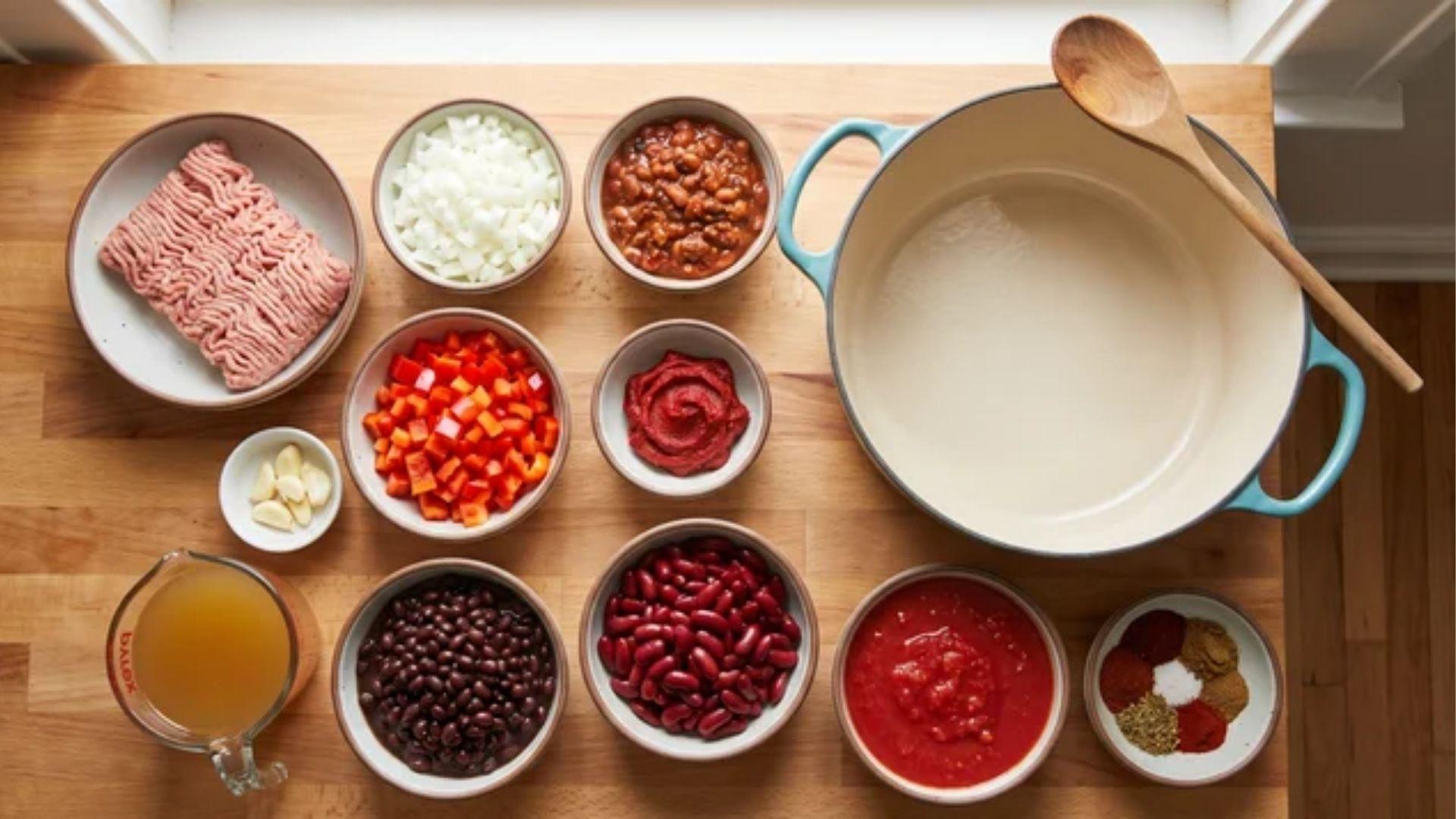 Lean ground meat, beans, vegetables, tomatoes, broth, and spices for chili