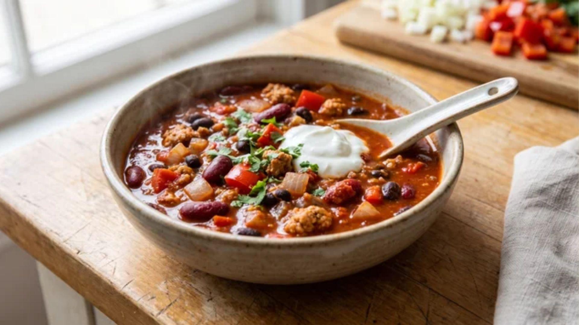 Healthy chili with lean meat, kidney beans, black beans, tomatoes, and vegetables
