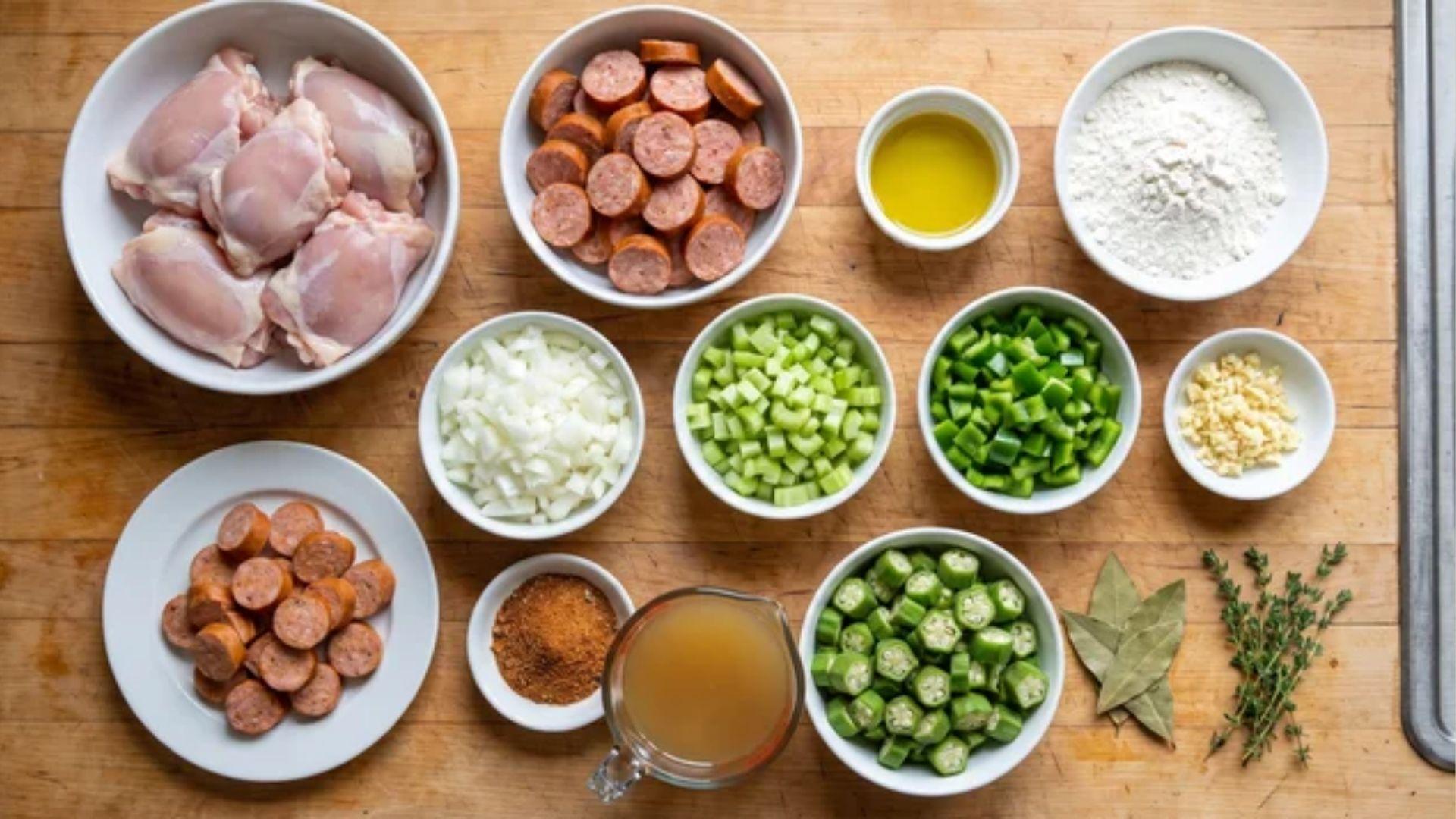 Chicken thighs, andouille sausage, okra, flour, olive oil, and holy trinity vegetables for healthy gumbo