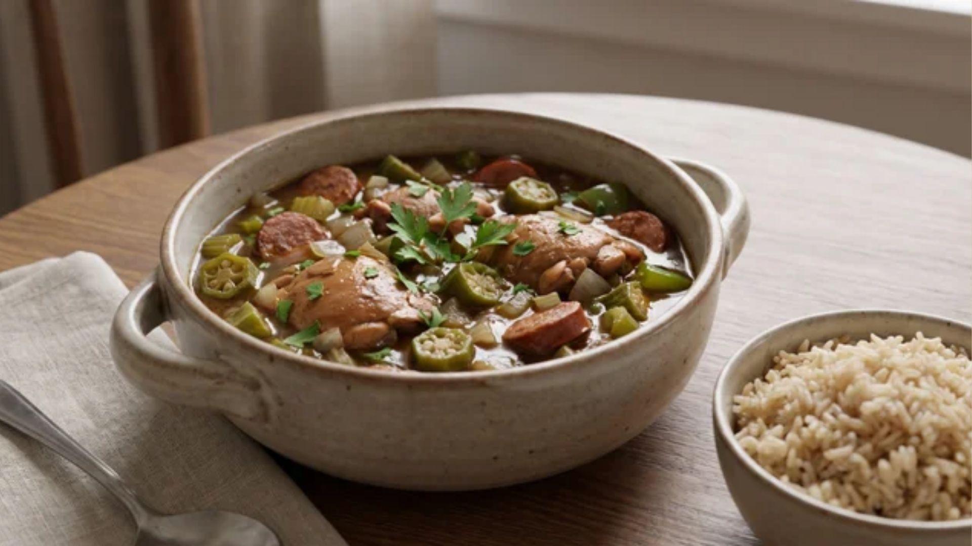 Healthy gumbo recipe with chicken, andouille sausage, and okra served over brown basmati rice
