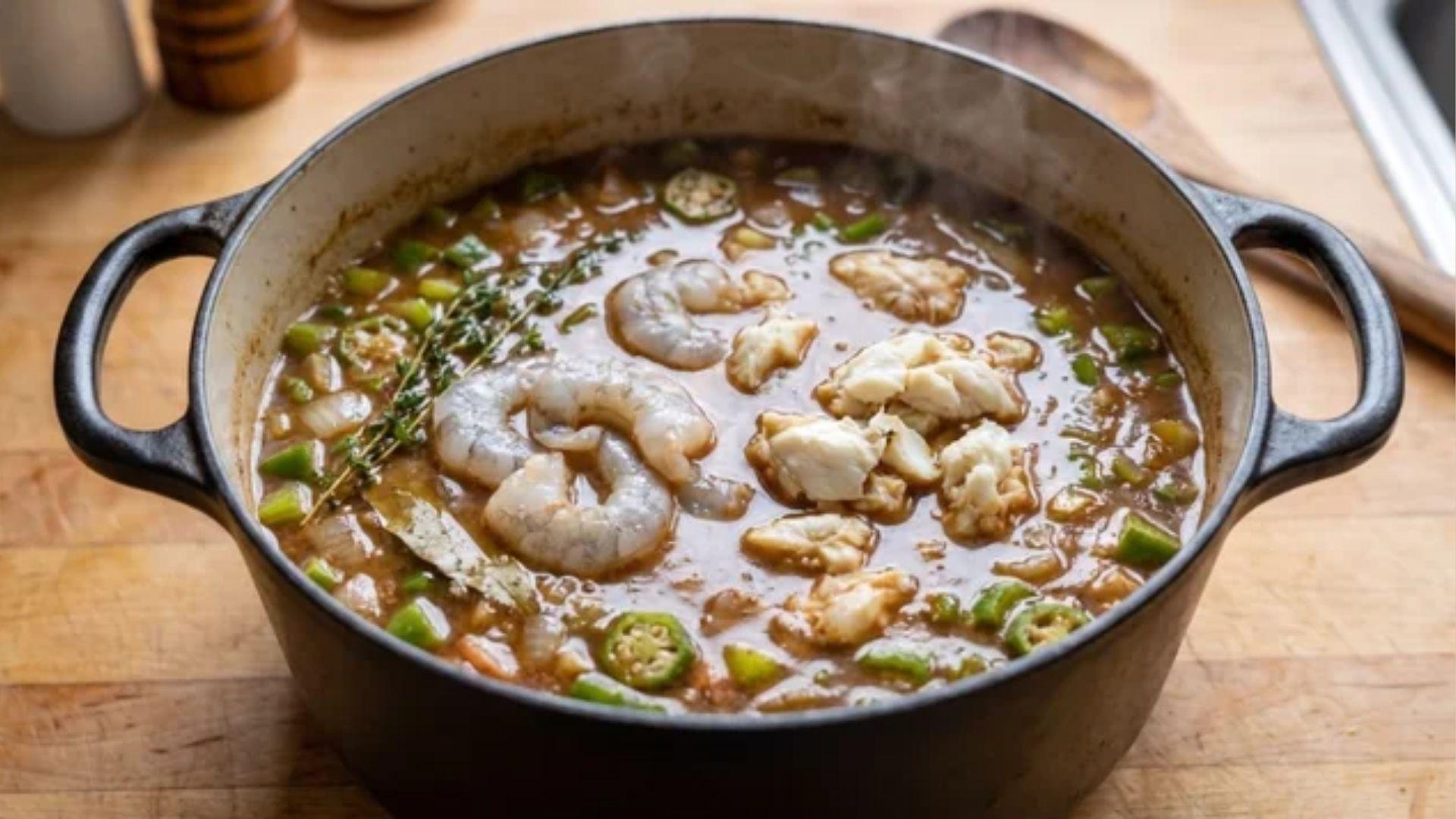 Healthy shrimp and crab gumbo with okra and vegetables in a dark roux broth