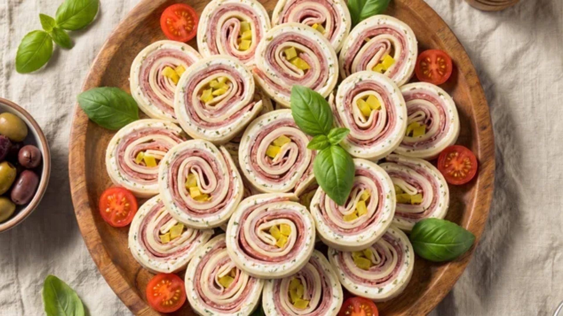 Italian pinwheels with salami, ham, provolone, and banana peppers