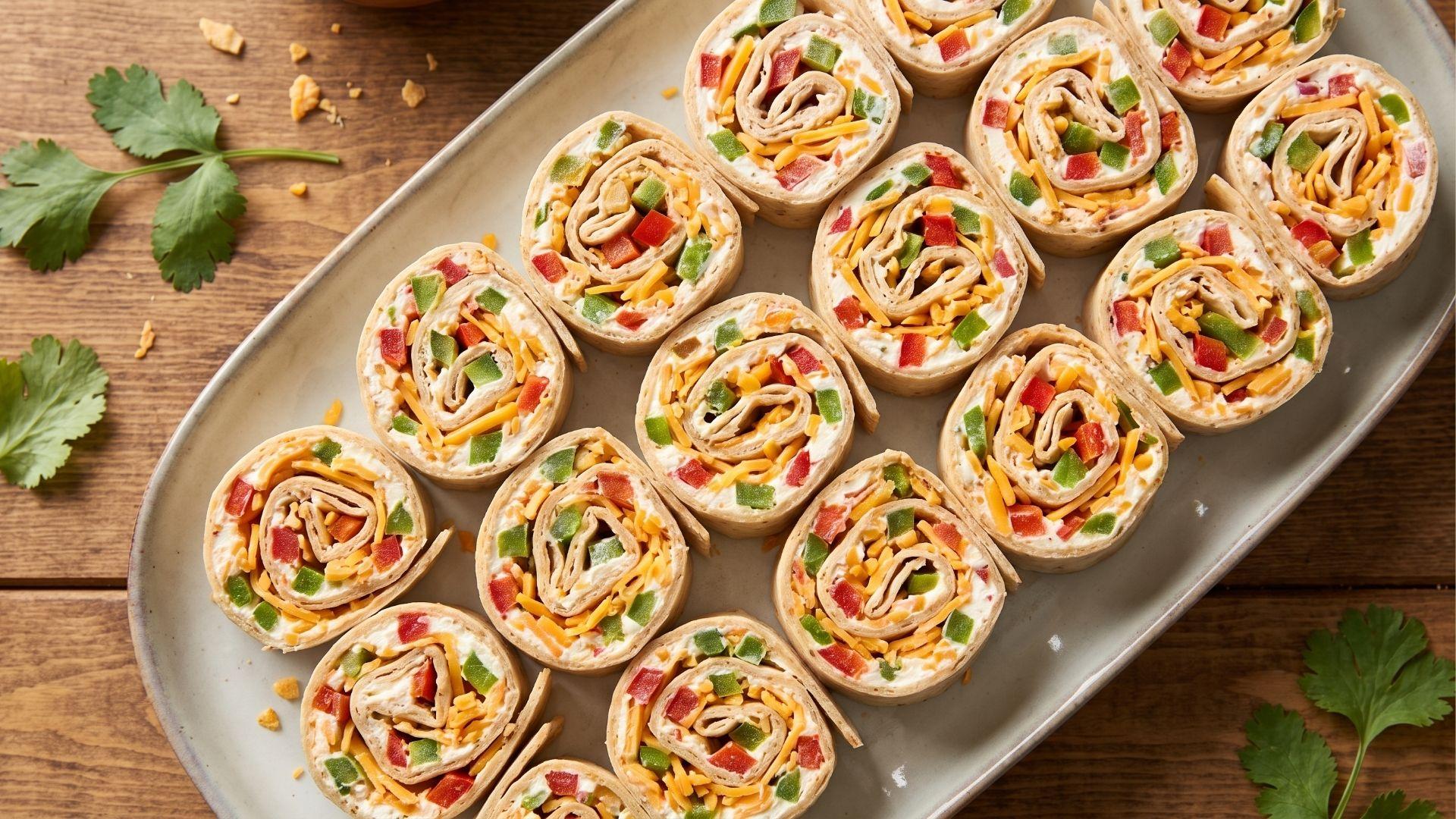 Mexican pinwheels with cheddar, red pepper, green pepper, and cream cheese