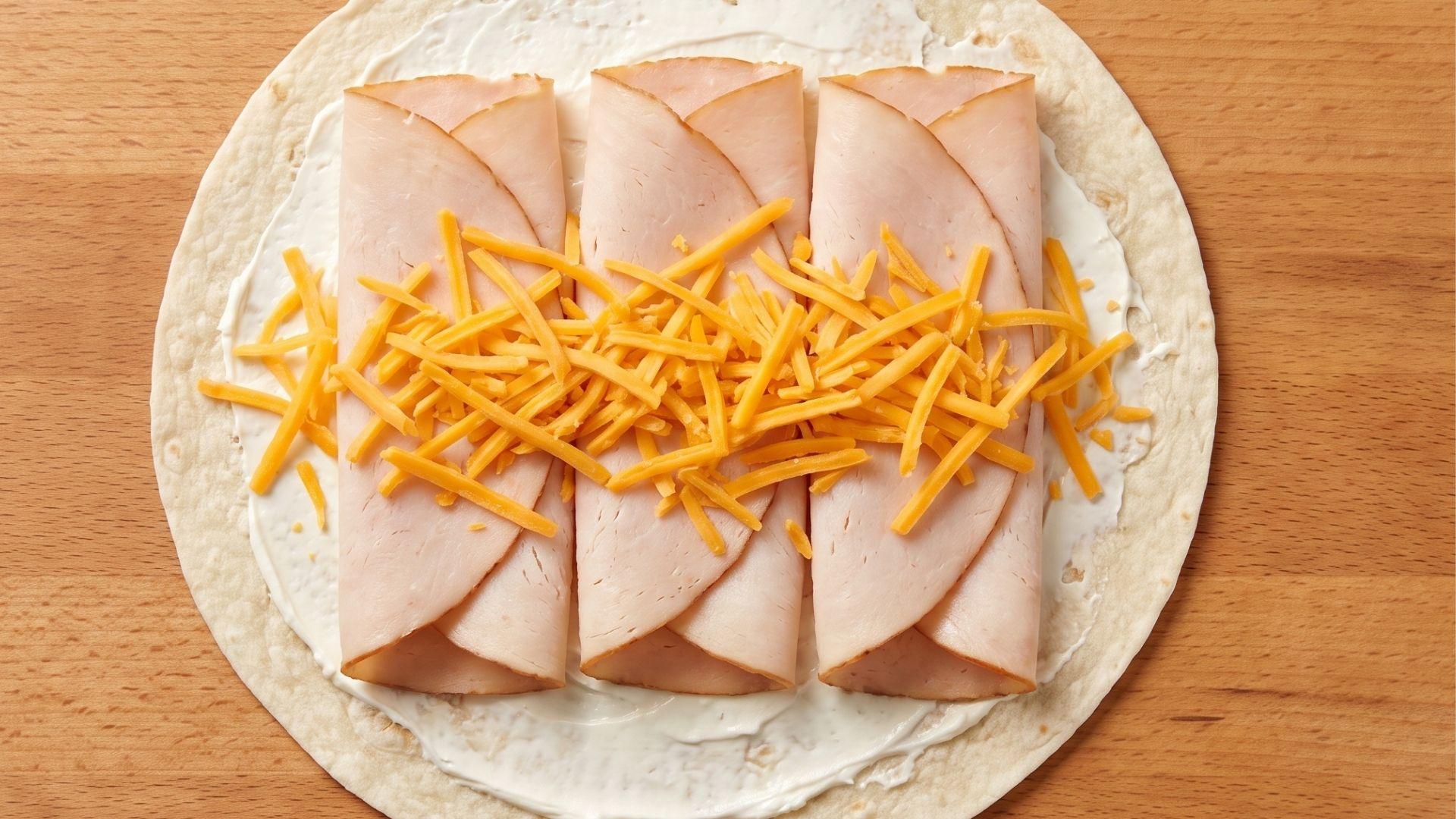 Turkey slices and shredded cheddar layered over cream cheese on a tortilla