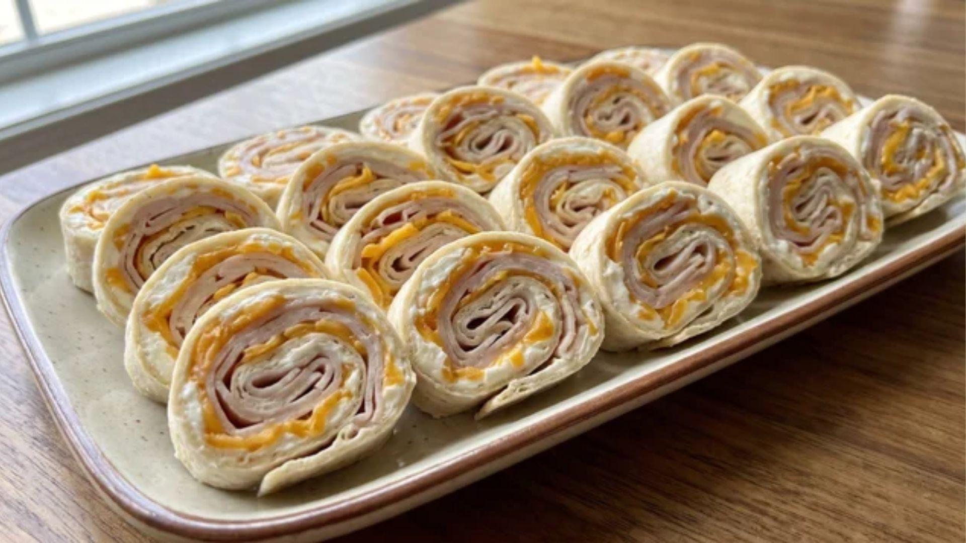 Keto pinwheels with cream cheese, turkey, cheddar, and low carb tortillas