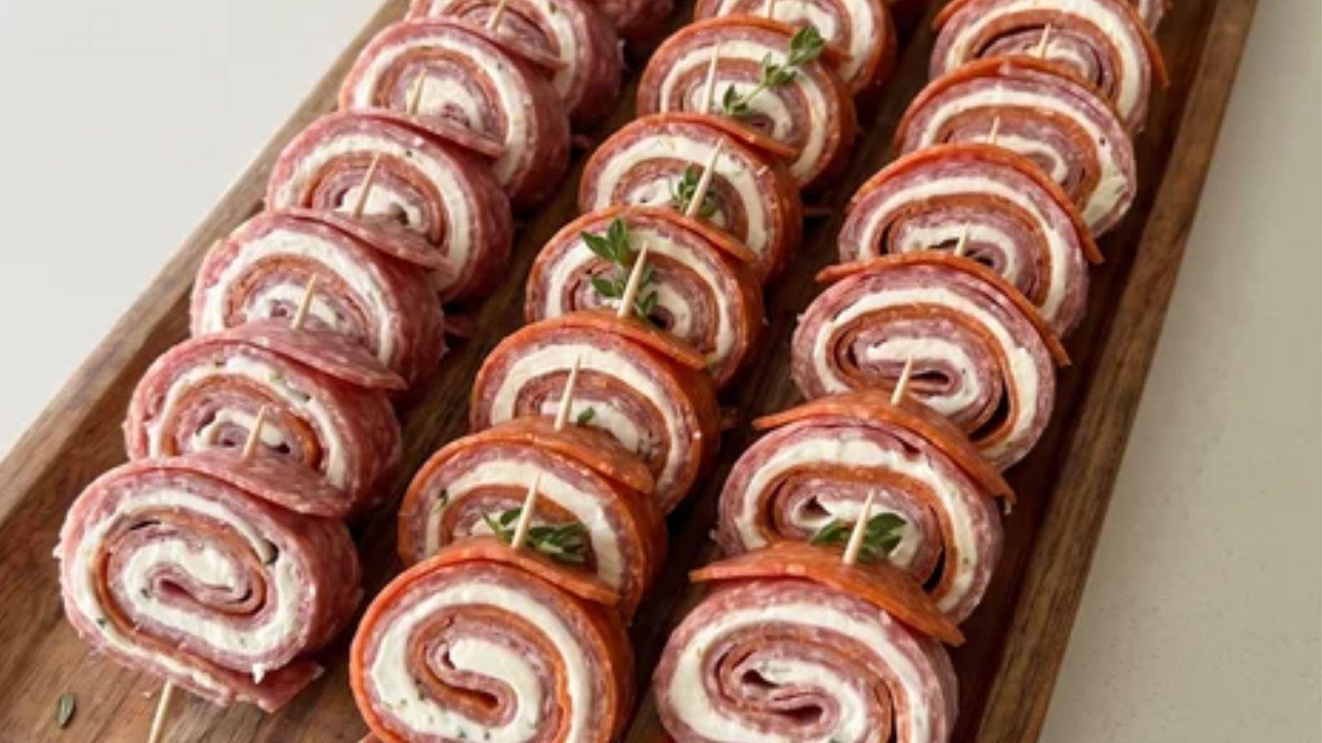Tortilla-free salami pinwheels filled with cream cheese
