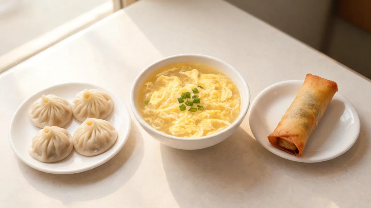 Steamed dumplings next to a bowl of egg drop soup and a single spring roll