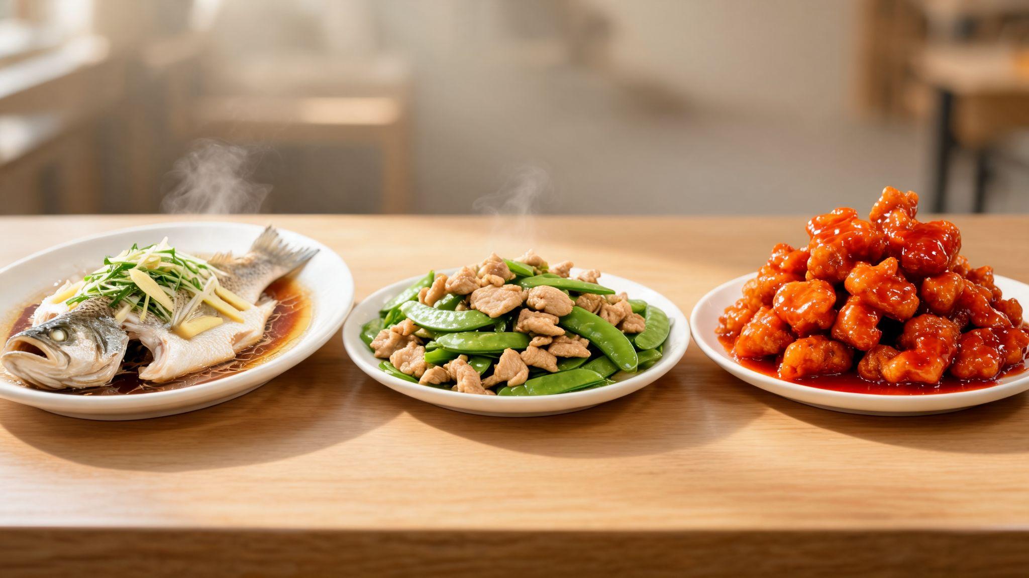 Three plates showing steamed fish, chicken with snow peas, and a heavy sweet and sour pork dish