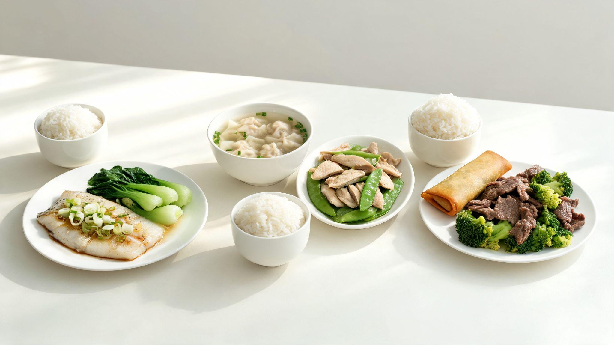 Three plated Chinese meals labelled 400, 500, and 600 calories