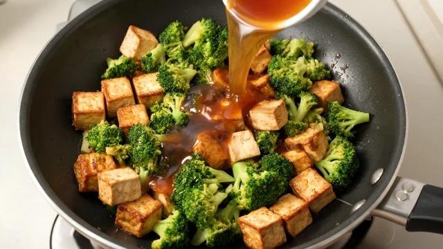Golden tofu and bright broccoli being combined with glossy sauce in a pan