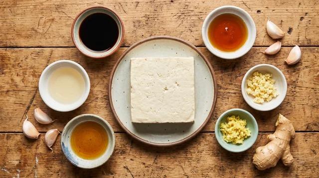 Extra-firm tofu block partially submerged in soy-based marinade