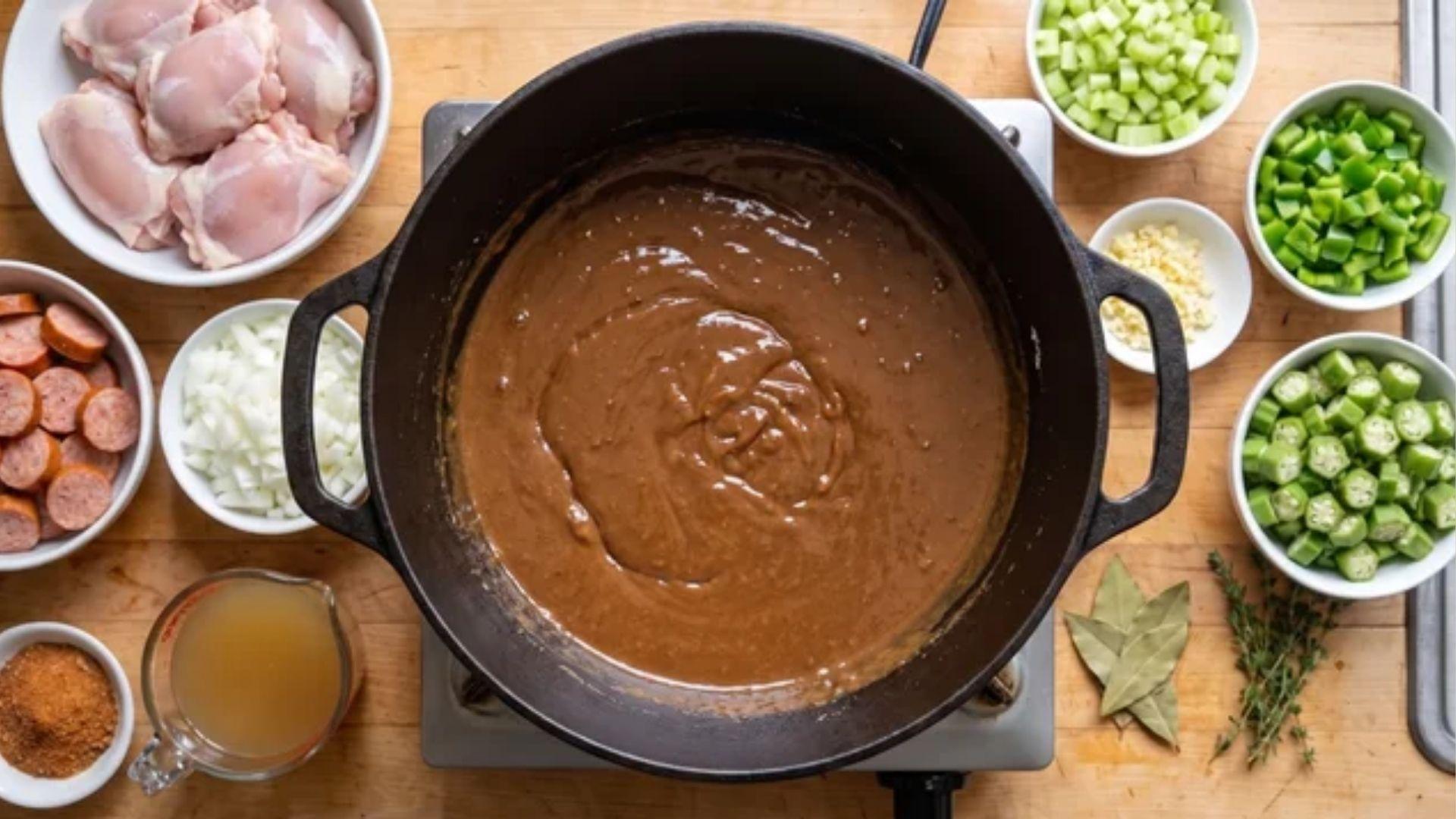 Milk chocolate brown roux made with olive oil and flour in a heavy Dutch oven