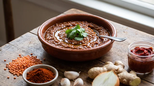 Misir wot recipe served as a thick Ethiopian red lentil stew with berbere and slow-cooked onion