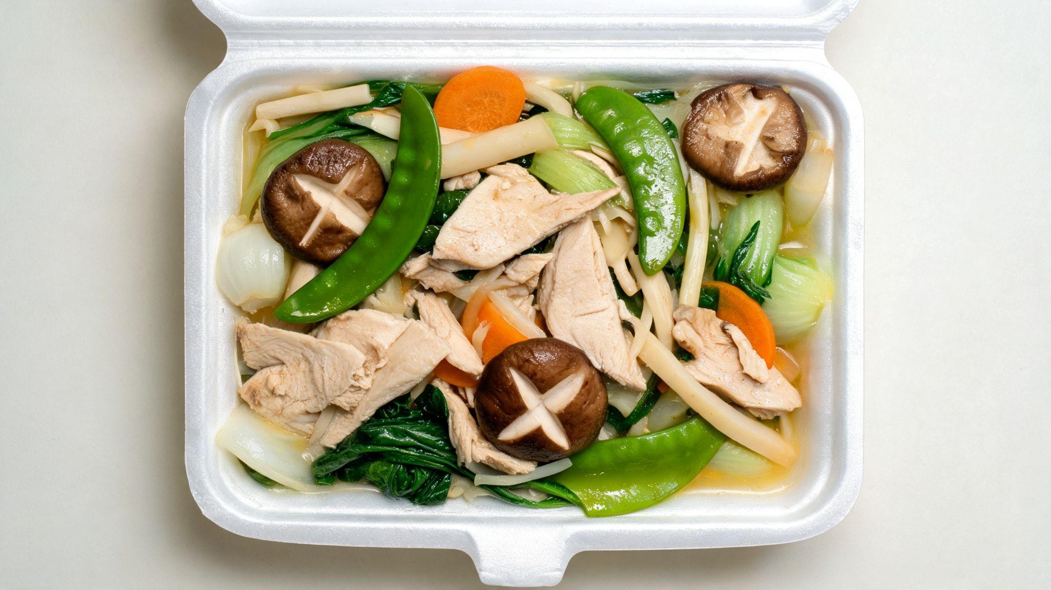 Sliced chicken with mushrooms, snow peas, and fresh vegetables