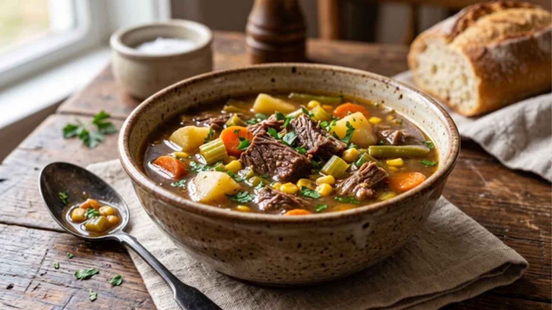 Vegetable beef soup with beef, potatoes, carrots, celery, corn, and green beans