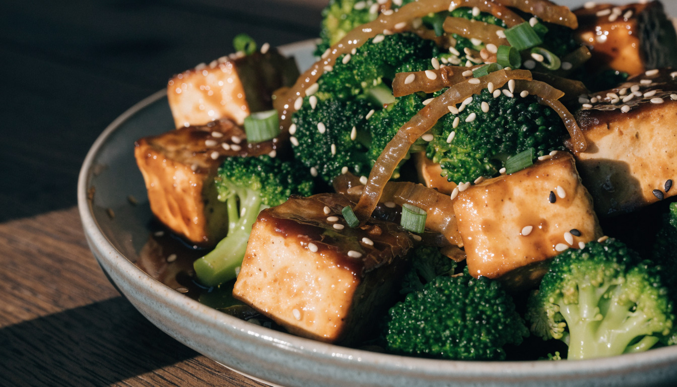 Sesame tofu and broccoli stir fry topped with toasted sesame seeds and green onion