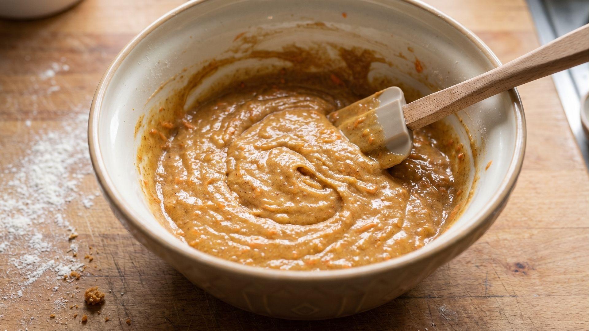 Small carrot cake batter freshly combined in a mixing bowl