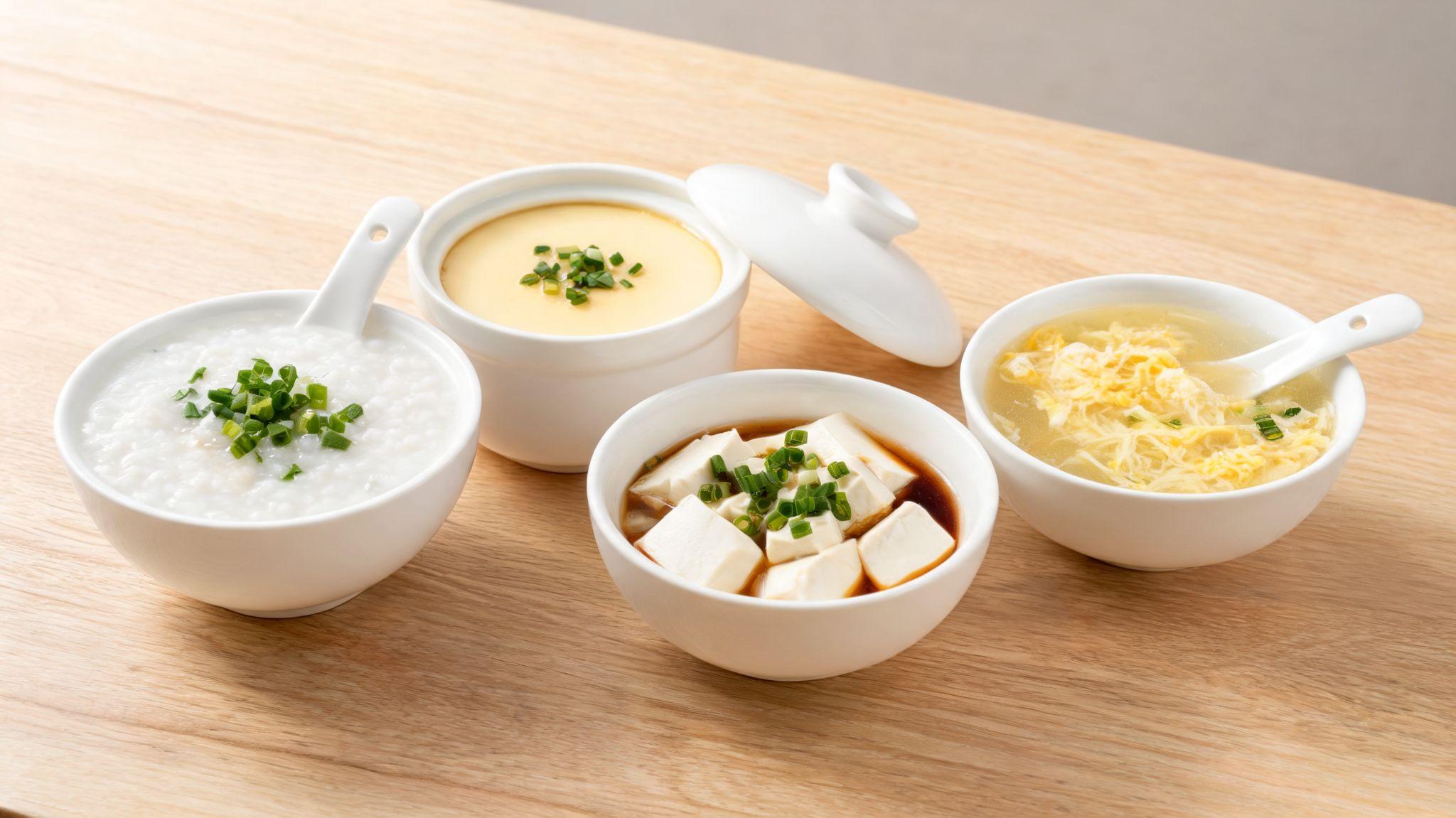 Congee, steamed egg custard, silken tofu, and egg drop soup in serving bowls