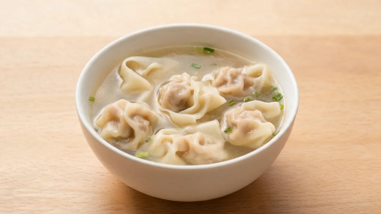 Soft wontons served in clear broth in a bowl