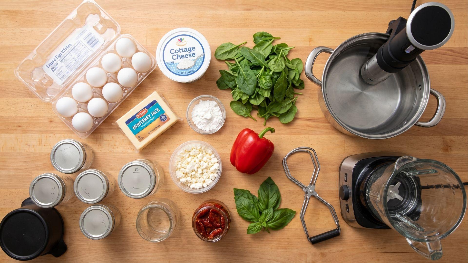 Egg whites, cottage cheese, cheese, vegetables, jars, blender, and sous vide cooker