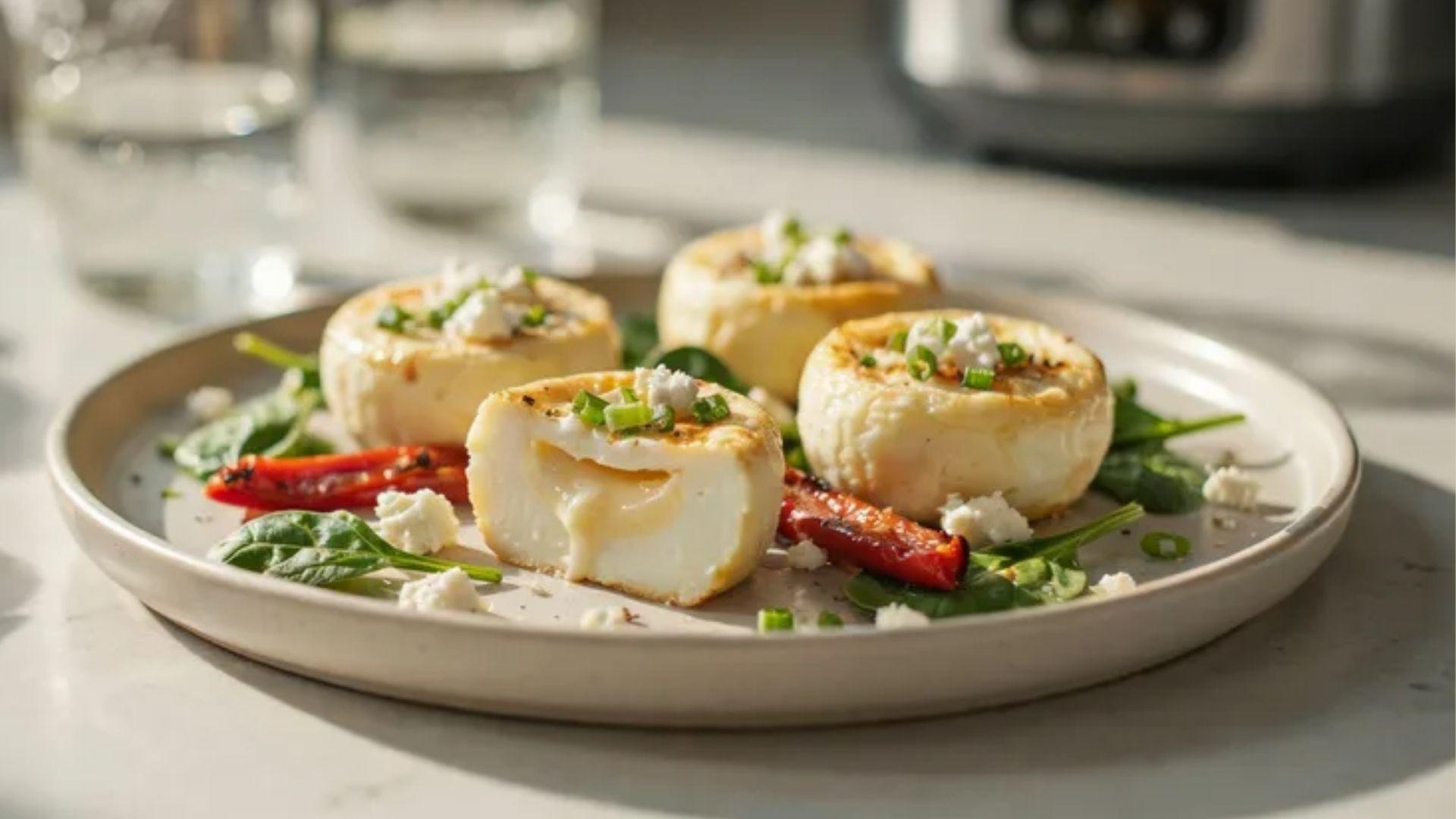 Four egg white bites with feta, spinach, red pepper, and green onions on a plate