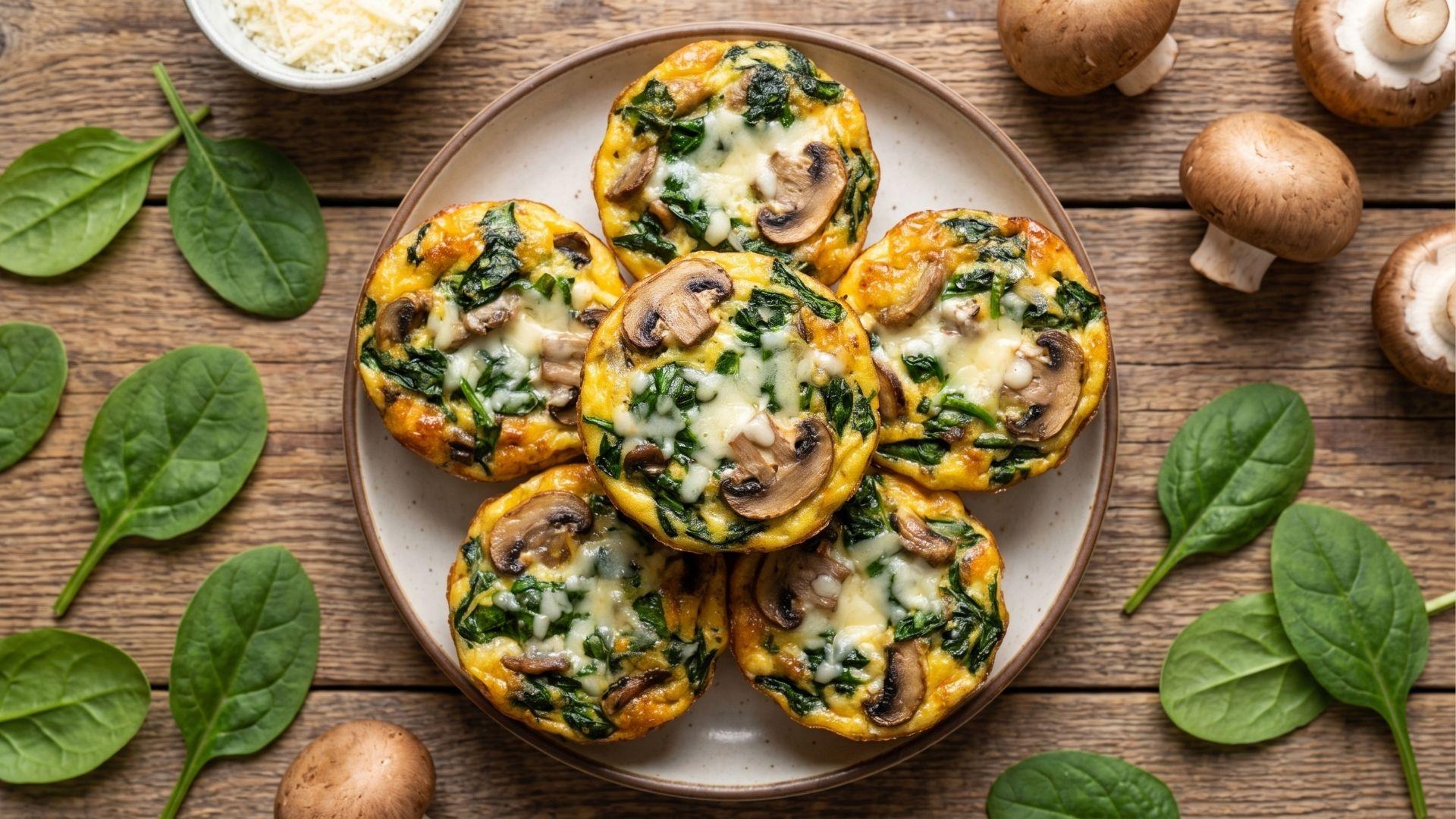 Spinach mushroom egg bites with cheese, spinach, and mushrooms on a plate