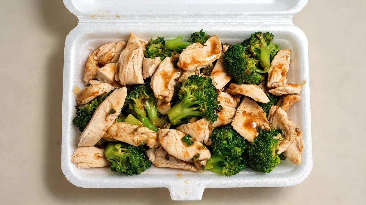 Steamed chicken breast with broccoli in a serving dish