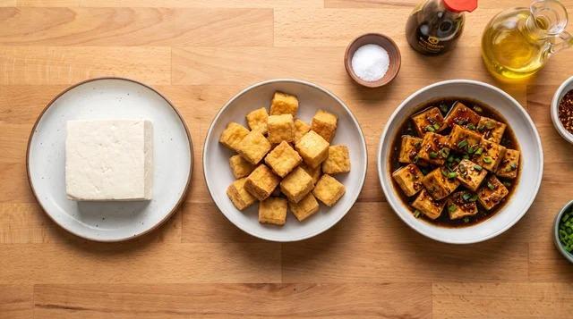 Plain tofu beside fried tofu and tofu with sauce