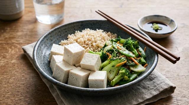 Plain tofu cubes served as a protein portion with vegetables