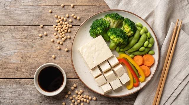 Plain tofu with soybeans, broccoli, and vegetables
