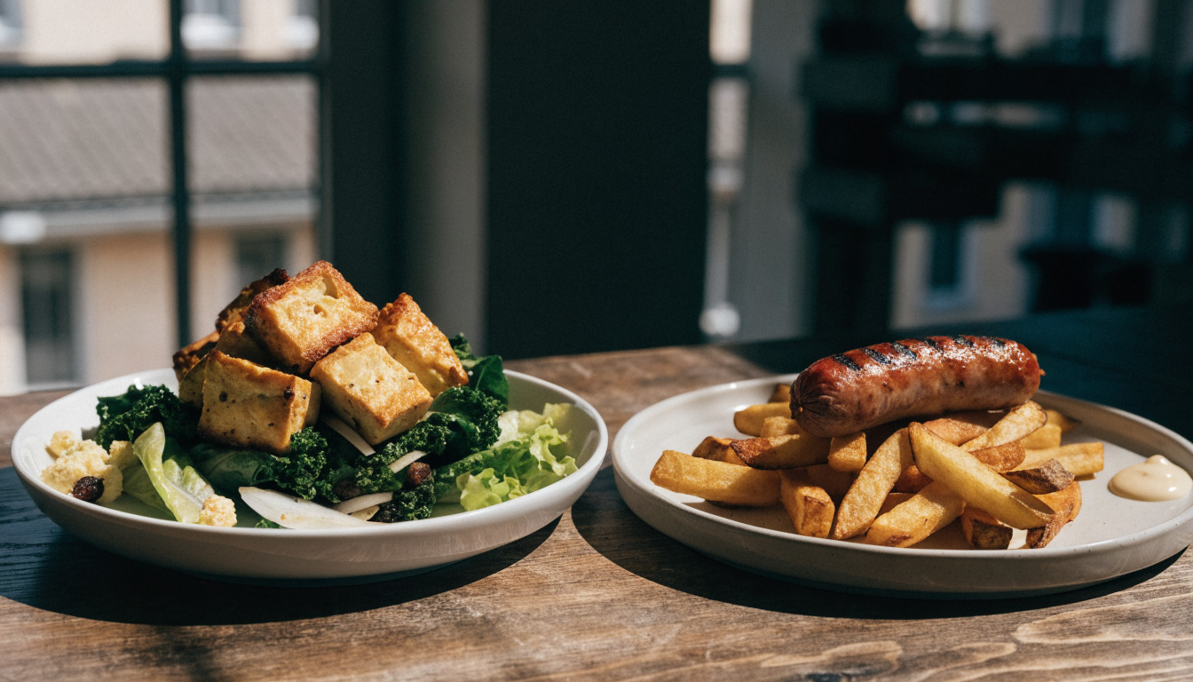 Baked tofu and vegetables on one plate beside sausage and fries on another