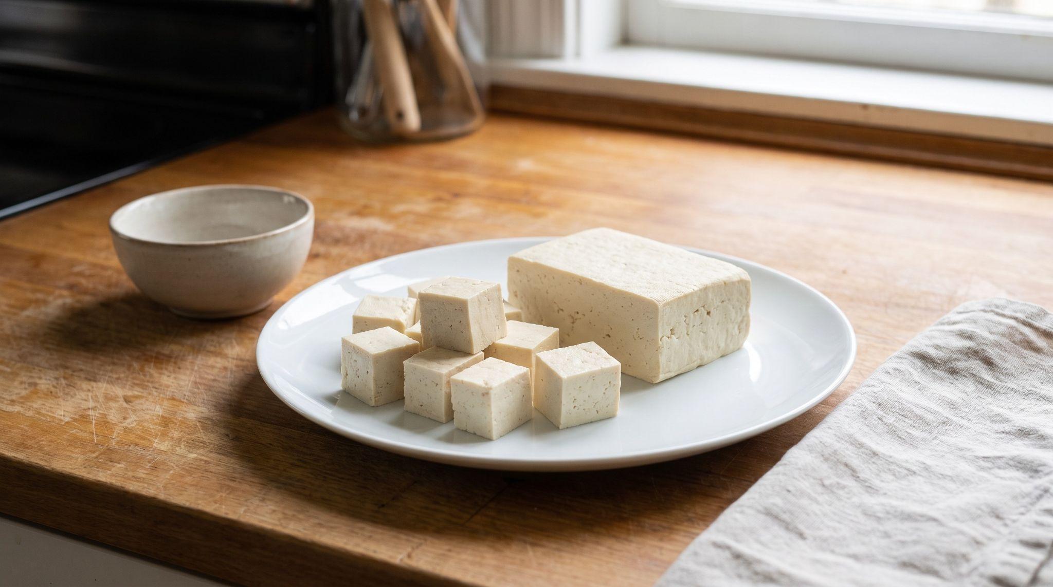 Plain tofu cubes arranged beside a small serving of tofu