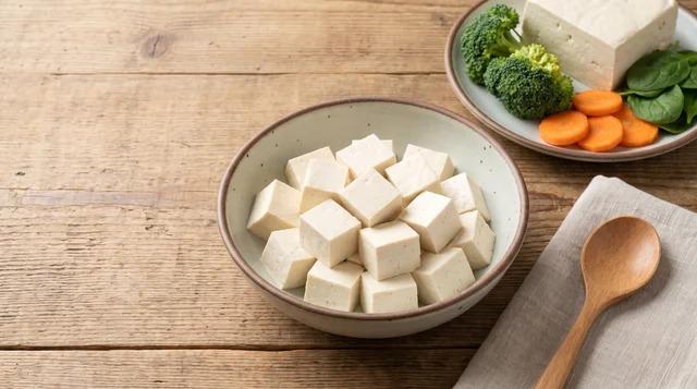 Plain tofu cubes served in a bowl beside fresh vegetables