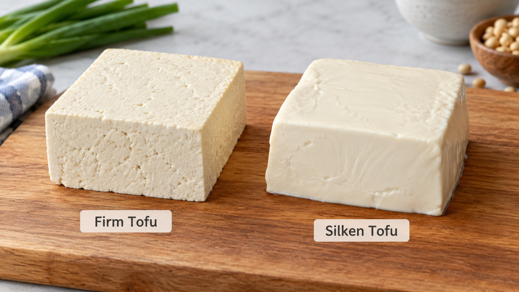 Firm and silken tofu blocks side by side on a cutting board
